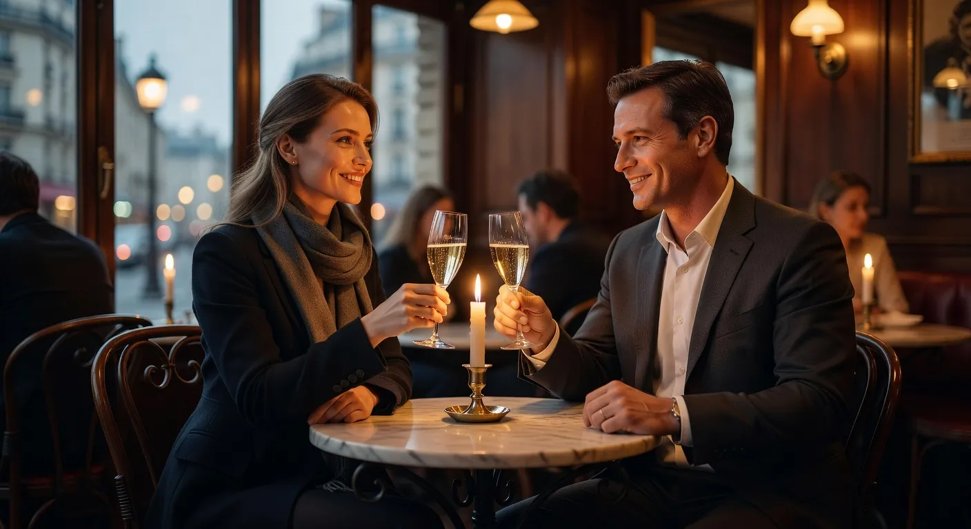 Couple franco-russe trinquant au champagne après une rencontre réussie organisée