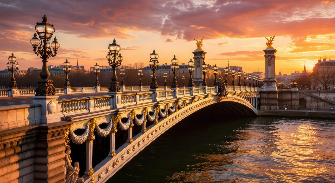 Le Pont Alexandre III à Paris, arches dorées sur la Seine au coucher du soleil