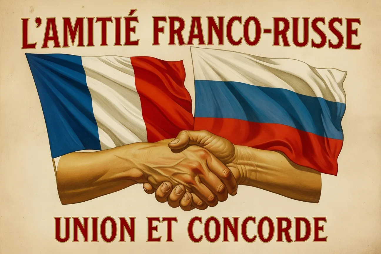 Affiche Belle Époque représentant l'amitié franco-russe avec drapeaux français et russes