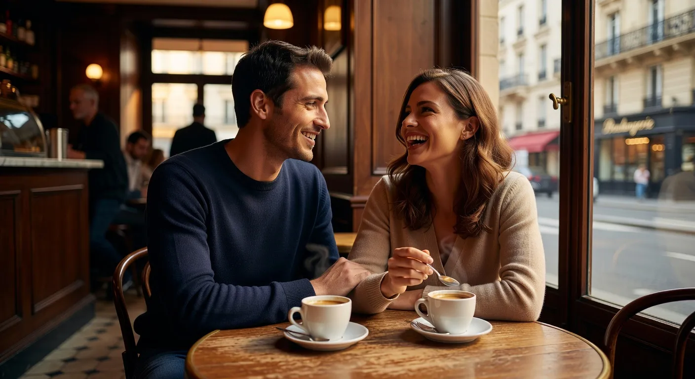 Couple franco-russe heureux dans un café parisien, complicité naturelle