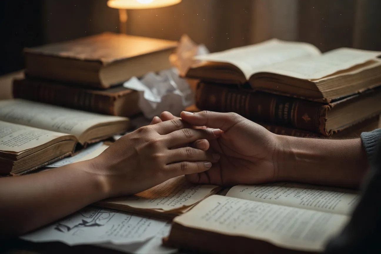 Mains enlacées sur fond de livres, symbolisant la relation intellectuelle et affective d'un couple