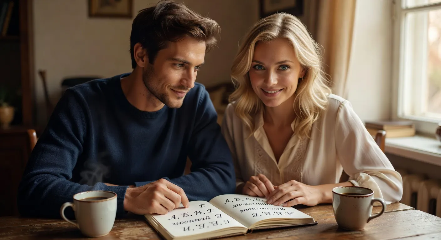 Couple franco-russe apprenant le russe ensemble avec un cahier cyrillique