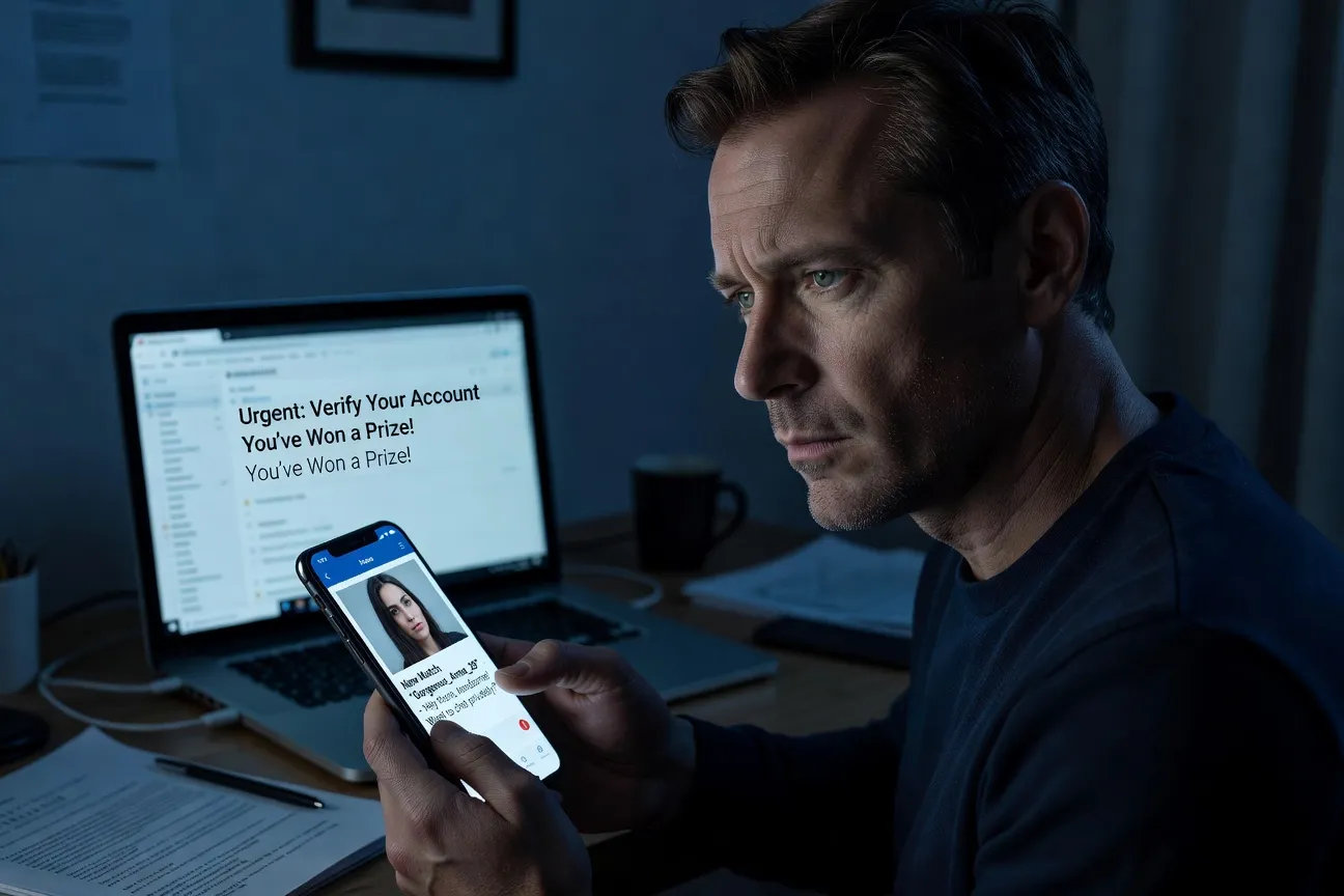 Homme préoccupé vérifiant un profil suspect sur smartphone