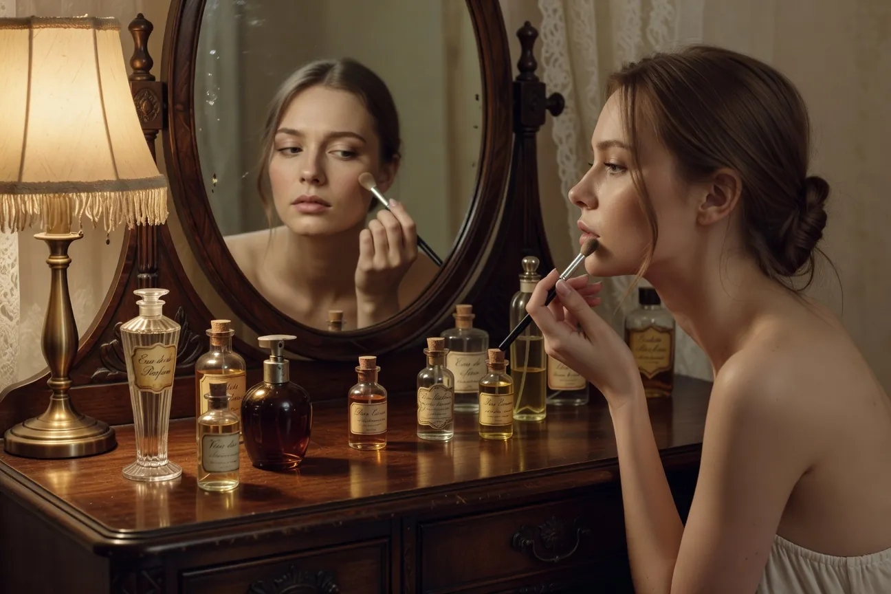 Femme russe à sa coiffeuse appliquant délicatement un soin de beauté