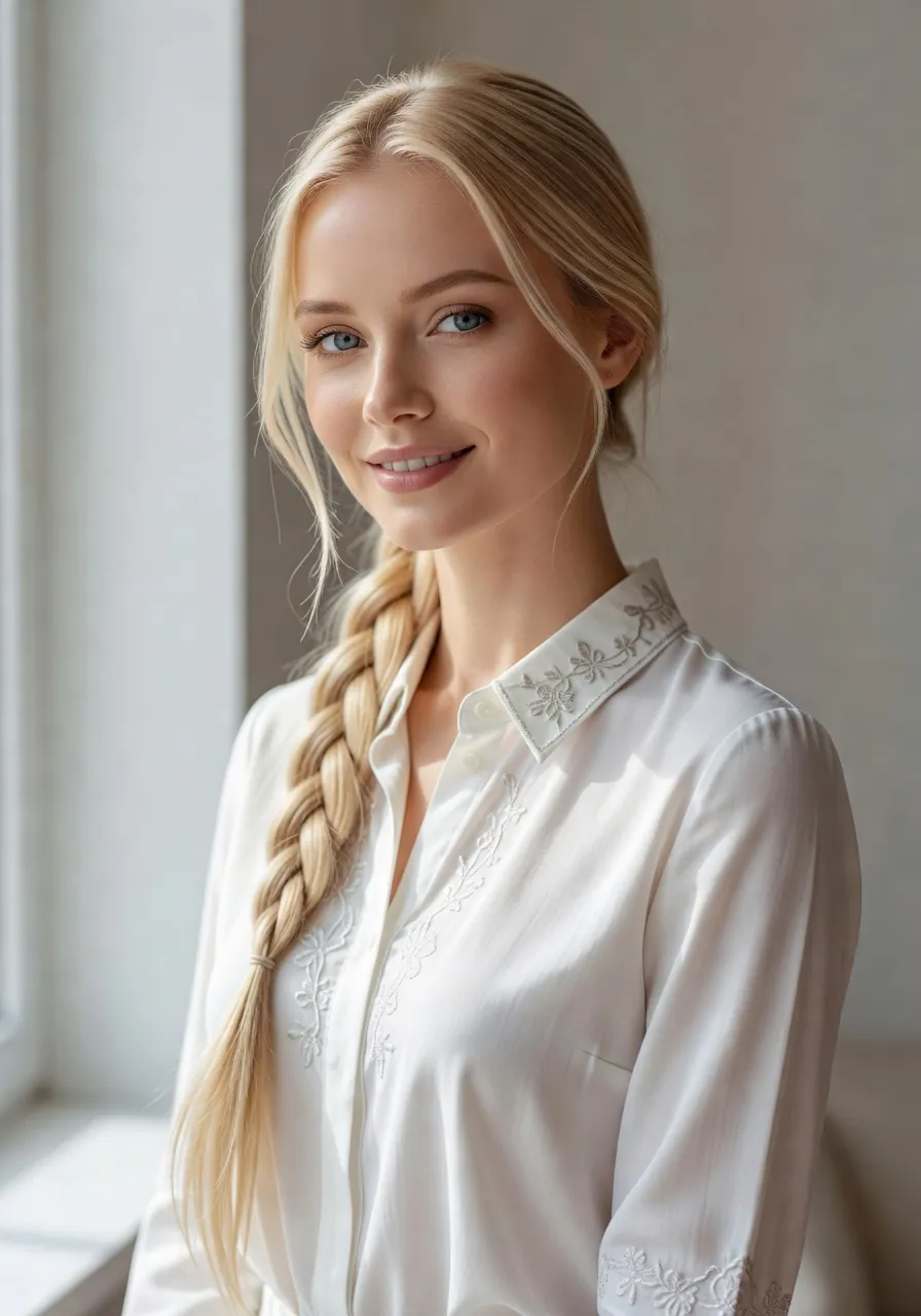 Portrait éditorial d'une femme russe avec longue tresse blonde et chemisier brodé
