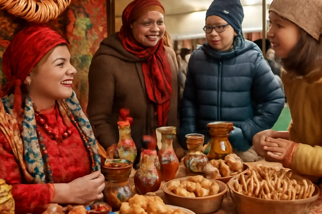 Stand de fête culturelle russe en France avec artisanat et gastronomie traditionnelle