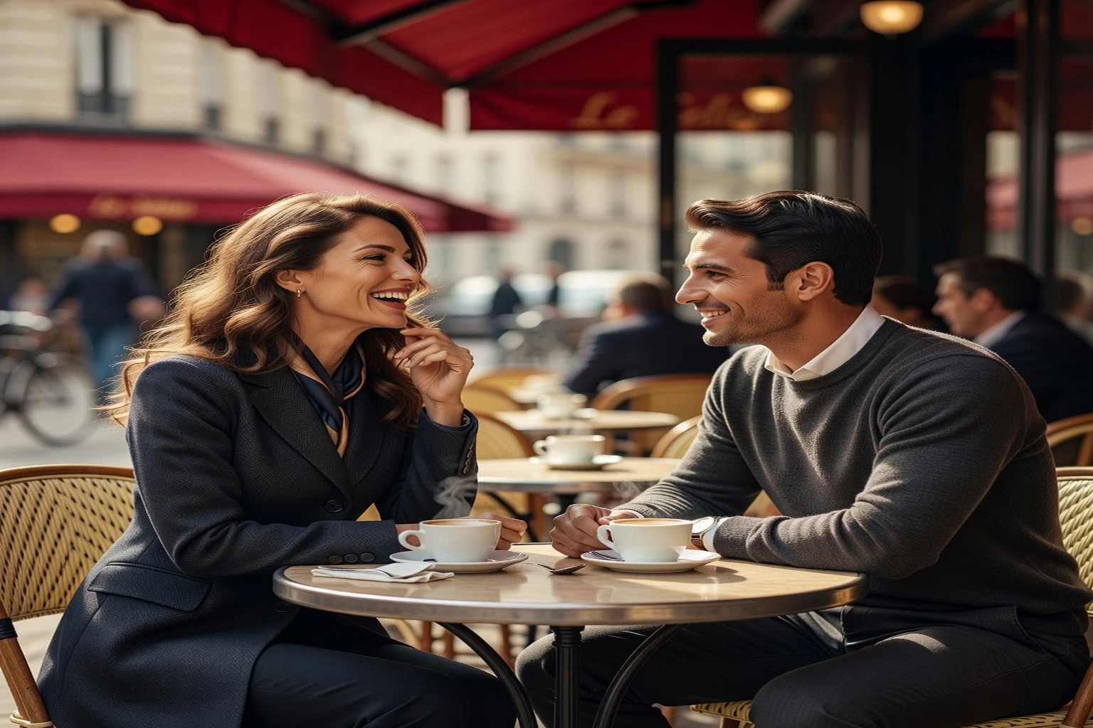 Couple franco-russe riant à la terrasse d'un café parisien pendant une conversation animée