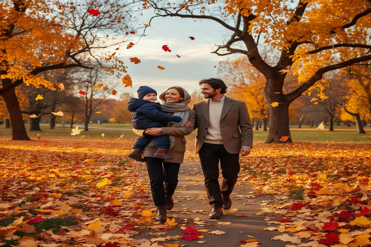 Famille franco-russe avec jeune enfant se promenant dans un parc en automne