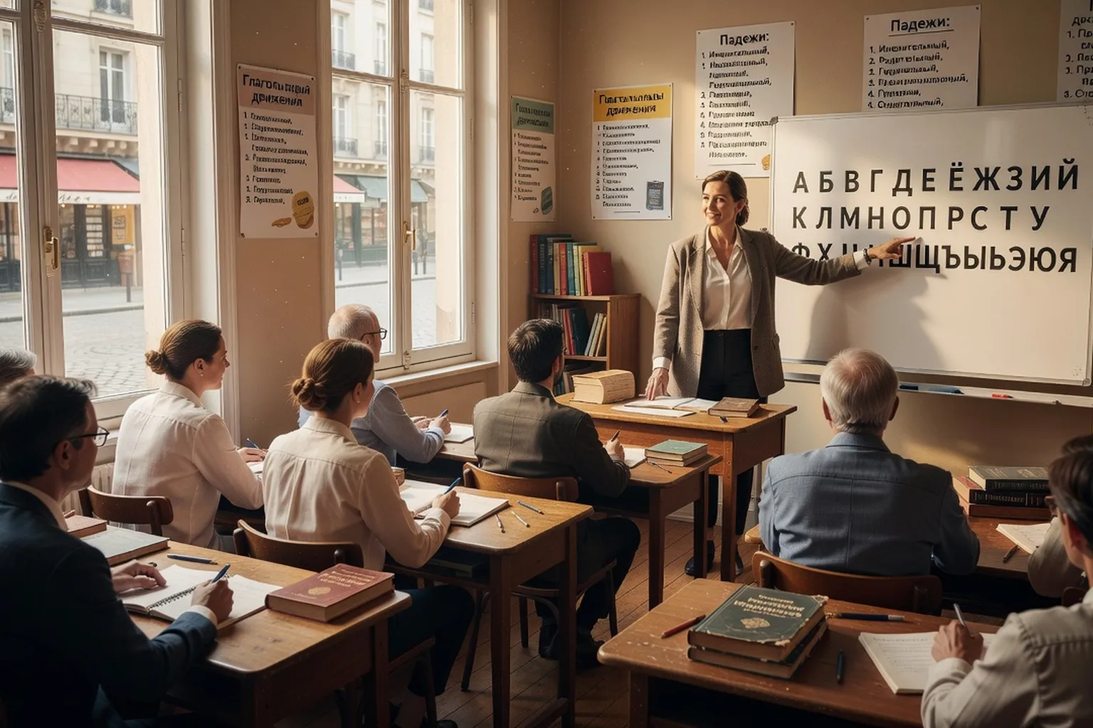 Salle de cours de langue russe avec tableau cyrillique