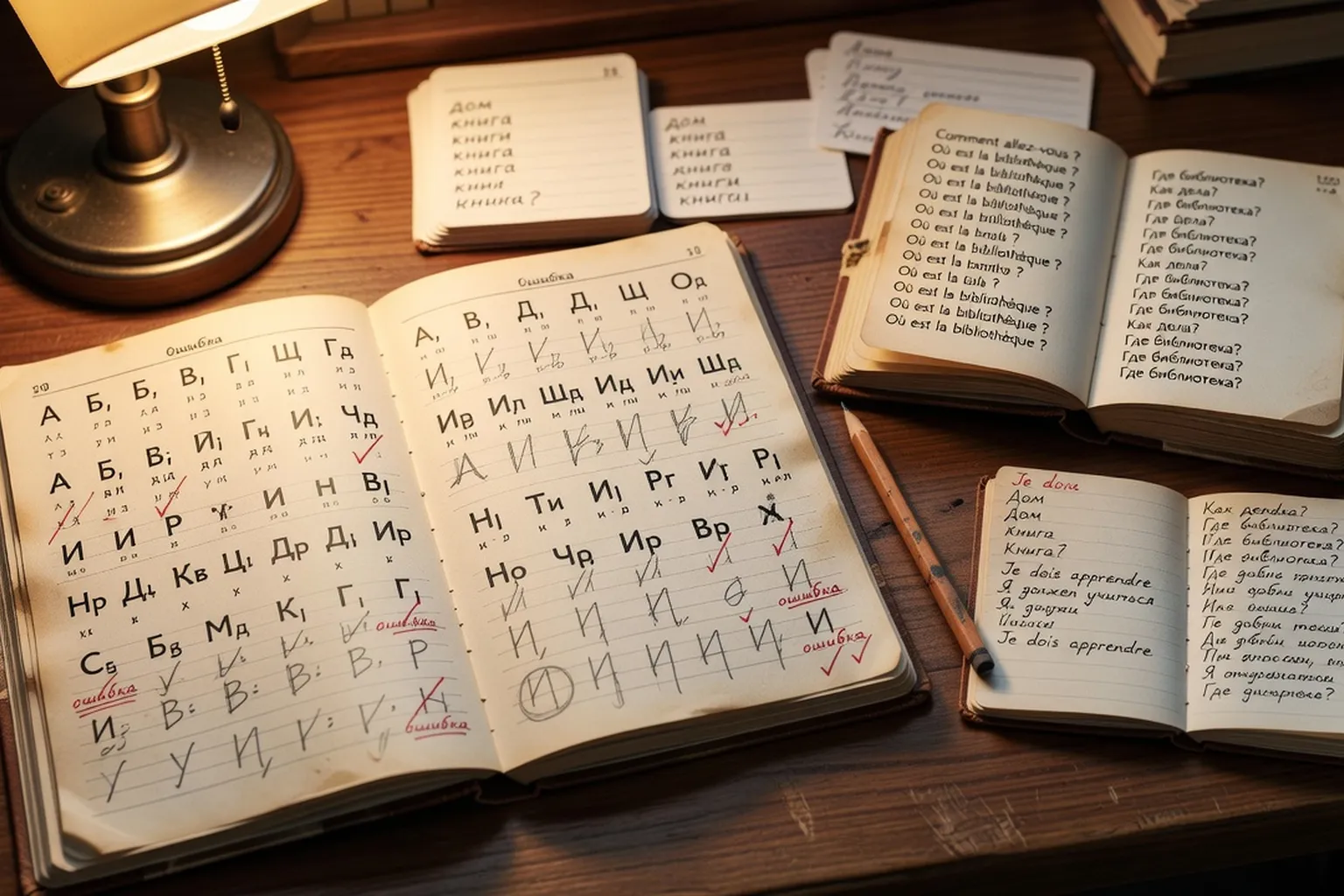 Livre de russe et cahier d'apprentissage avec notes cyrilliques