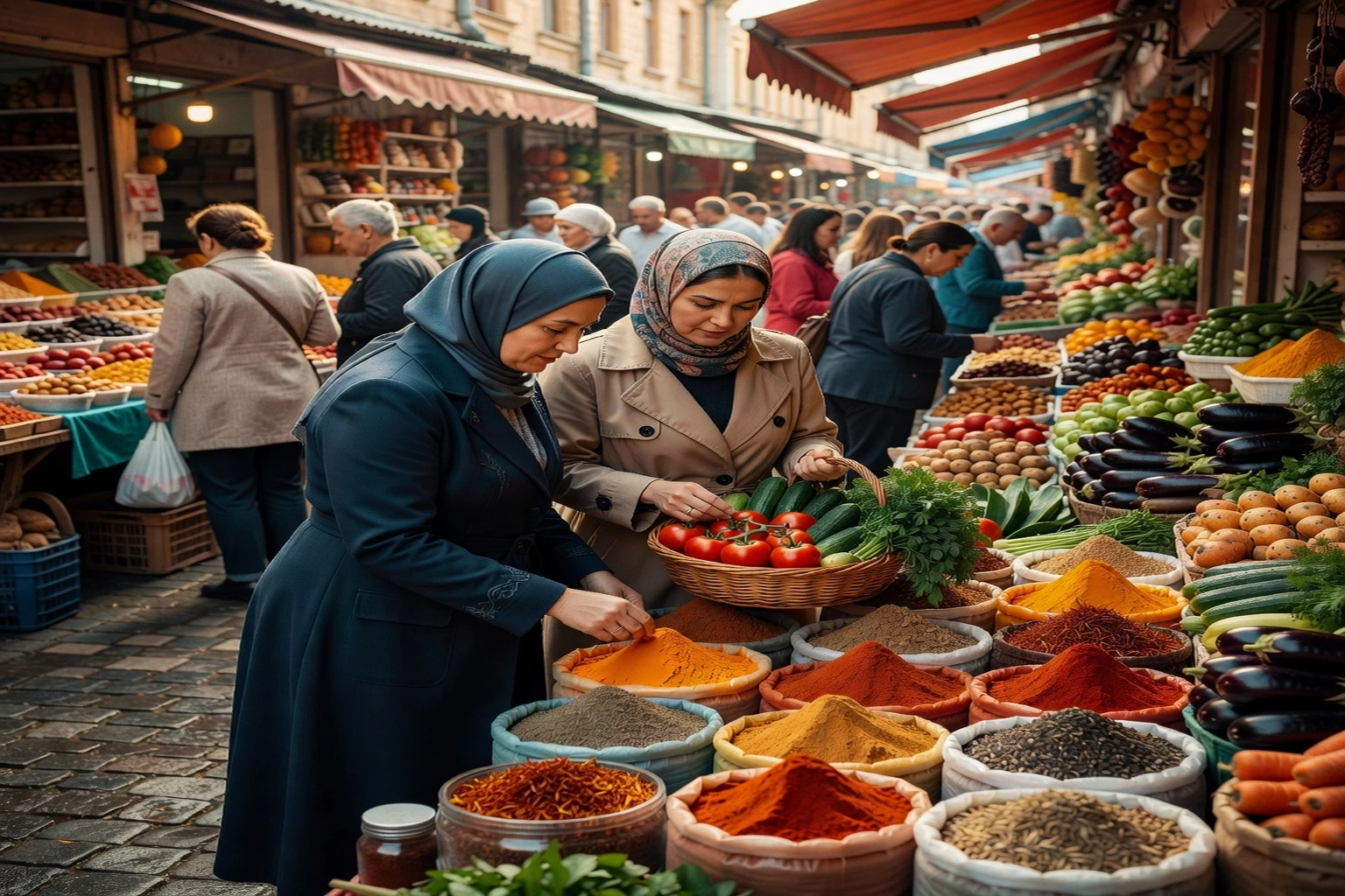 Femmes musulmanes russes faisant leurs courses d'épices sur un marché animé de Kazan