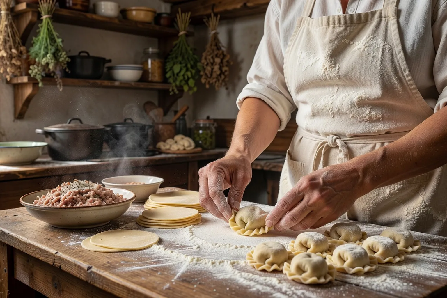 Préparation artisanale des pelmeni — raviolis russes faits maison
