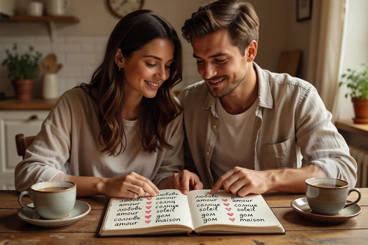Couple franco-russe qui s'entraîne au vocabulaire avec des flashcards