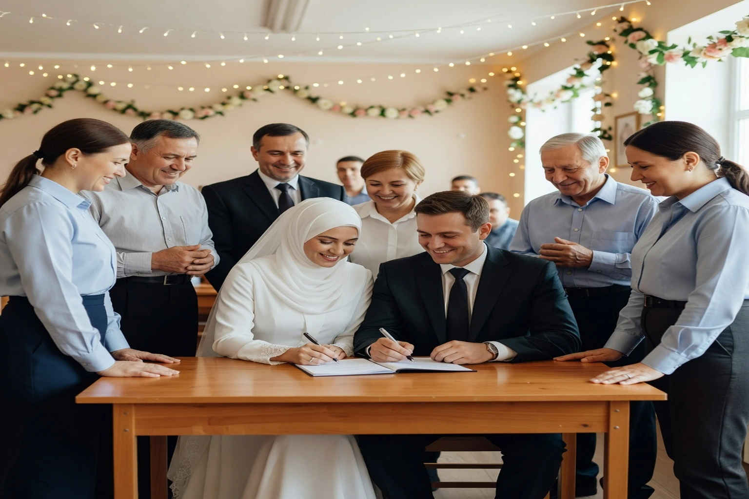 Cérémonie de mariage musulman en Russie : les jeunes mariés signent le registre du nikah entourés de leur famille