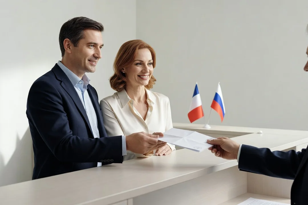 Couple franco-russe recevant son acte de mariage transcrit dans l'état civil français au consulat