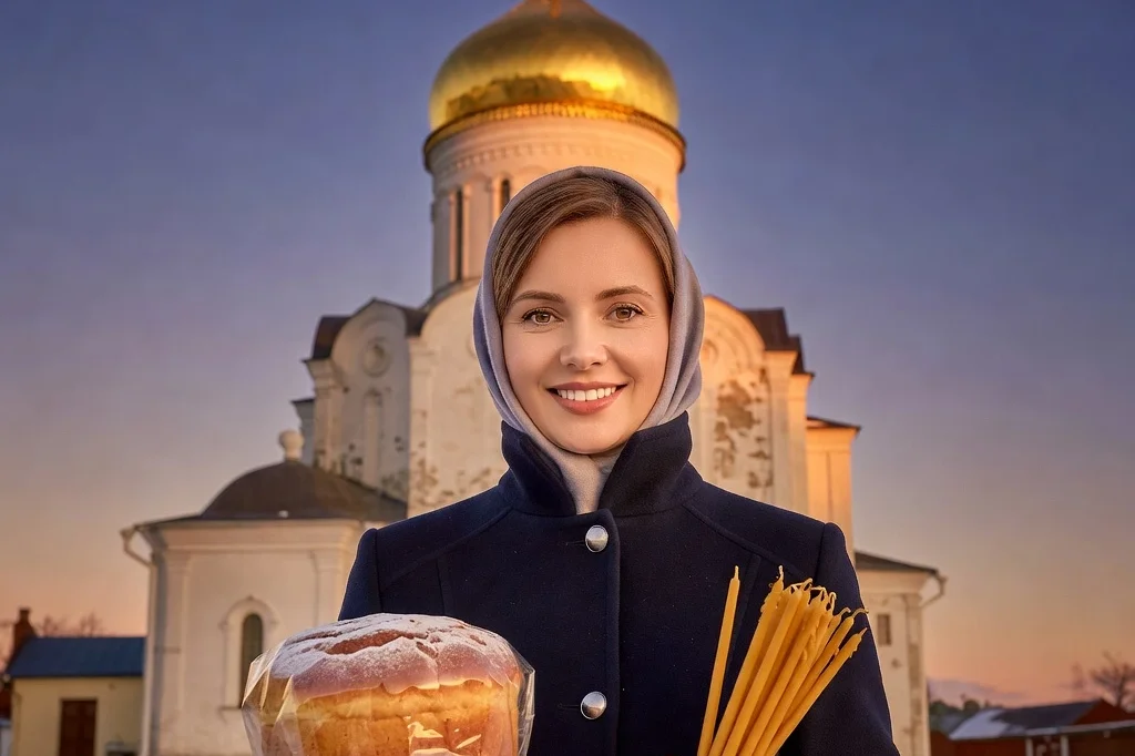 Femme russe souriante tenant un kulich de Pâques emballé et des bougies devant une église orthodoxe au dôme doré