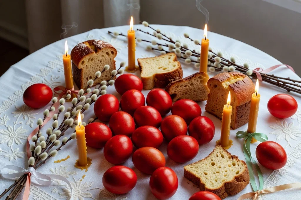 Table de Pâques russe avec œufs peints en rouge, tranches de kulich et bougies allumées sur une nappe brodée blanche
