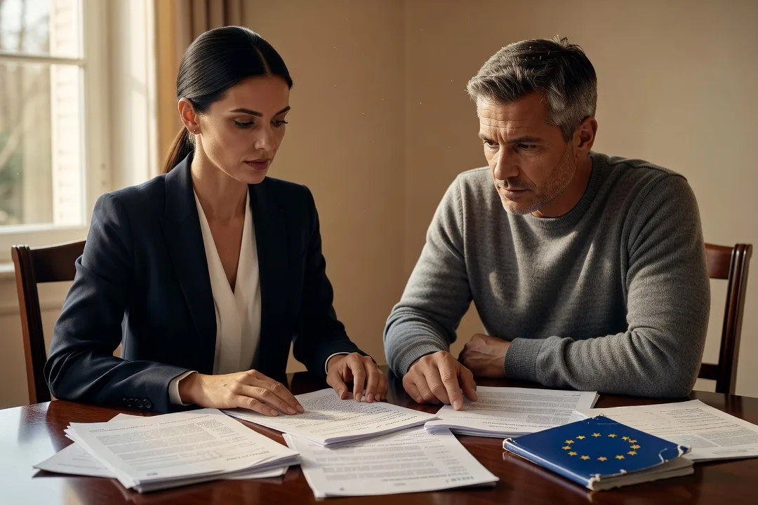 Couple franco-russe examinant ensemble des documents administratifs européens