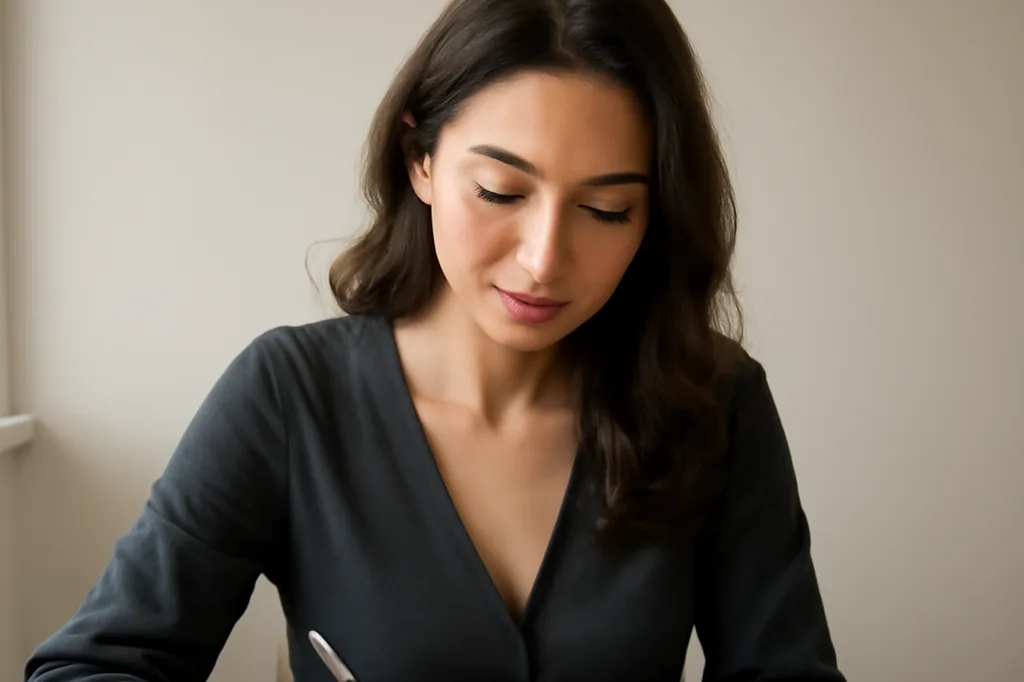 Femme russe remplissant un dossier CPAM à son bureau