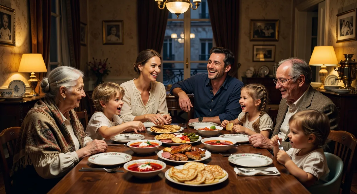 Famille franco-russe à table avec grands-parents et enfants à Paris
