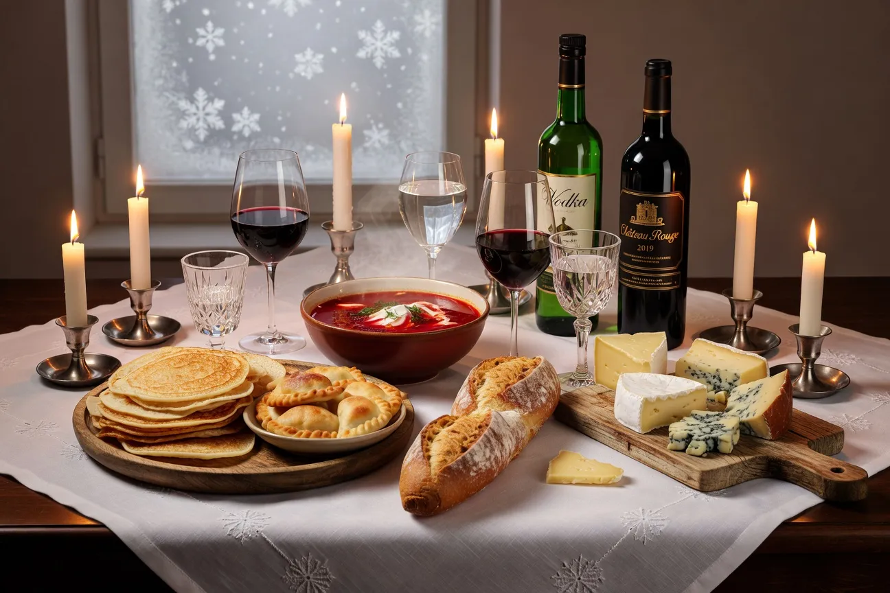 Table de f&ecirc;te franco-russe m&ecirc;lant bortsch, blinis, baguette, vin et vodka