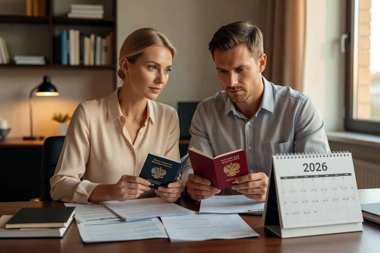 Couple franco-russe consultant des passeports et documents administratifs