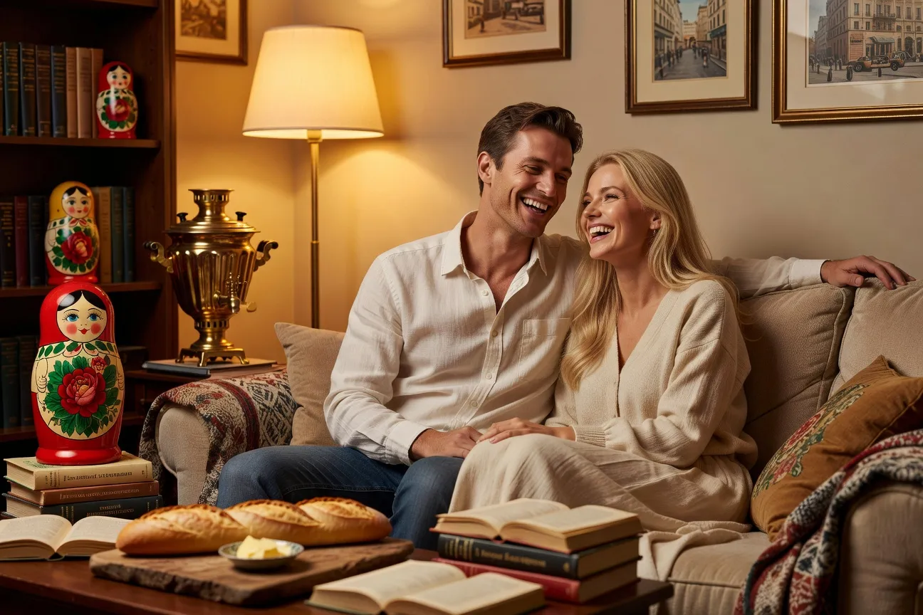 Couple franco-russe dans un int&eacute;rieur m&ecirc;lant objets fran&ccedil;ais et russes