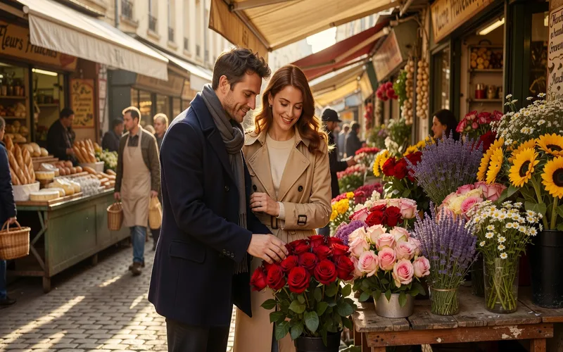 Couple franco-russe se promenant dans une ville française