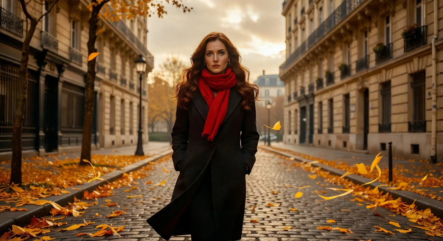 Femme russe en manteau de laine marchant dans une rue parisienne en automne