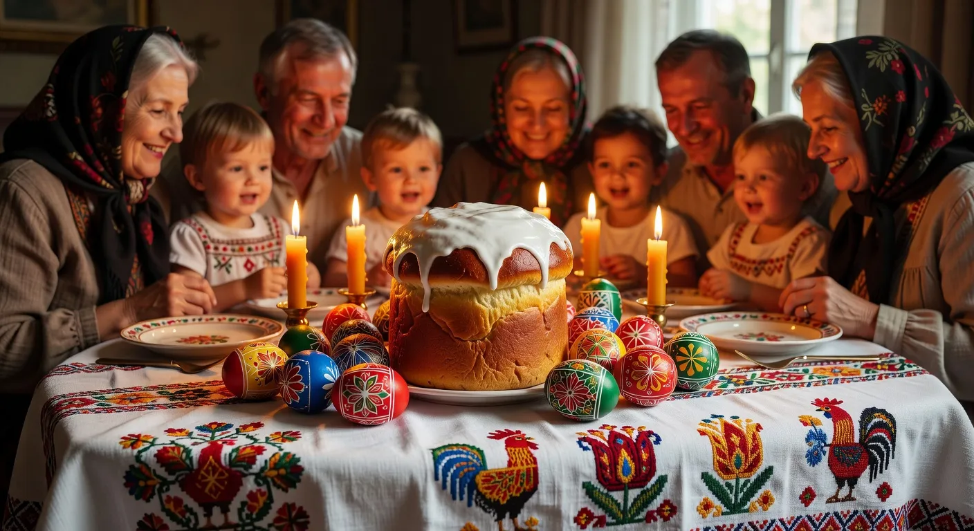 Table de Pâques orthodoxe slave avec koulitch doré, œufs peints et bougies