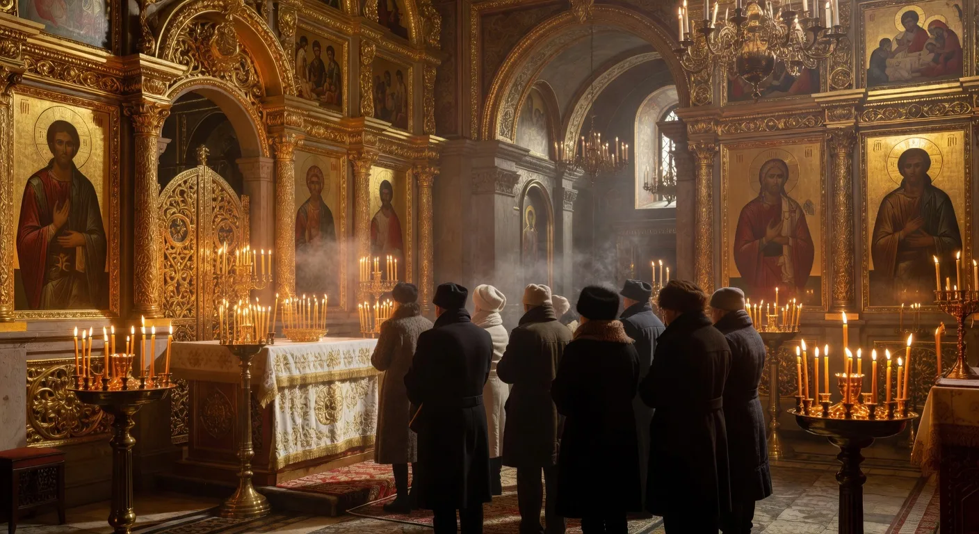 Intérieur d'une église orthodoxe lors d'un office de Noël, icônes et cierges allumés