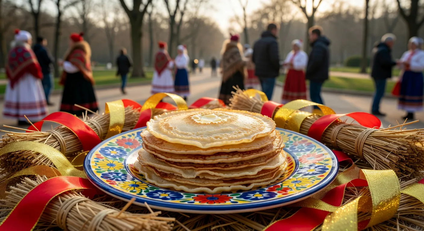 Fête de la Maslenitsa, blinis et décorations traditionnelles russes