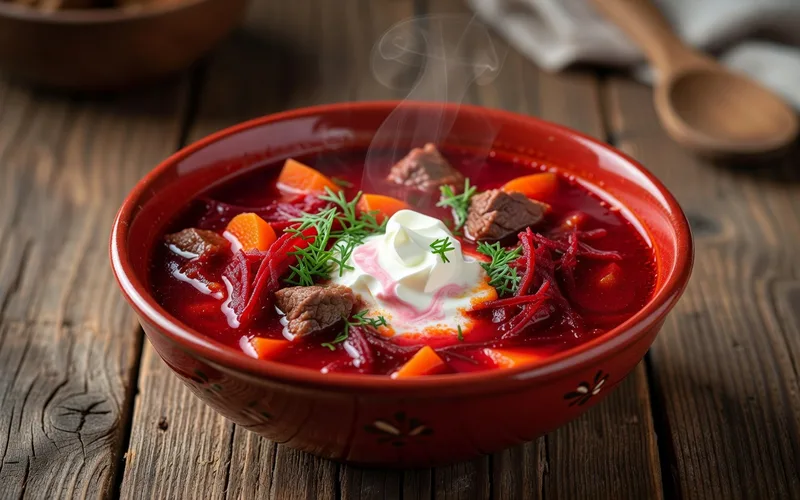 Table garnie de plats traditionnels russes avec bortsch, pelmeni et blinis