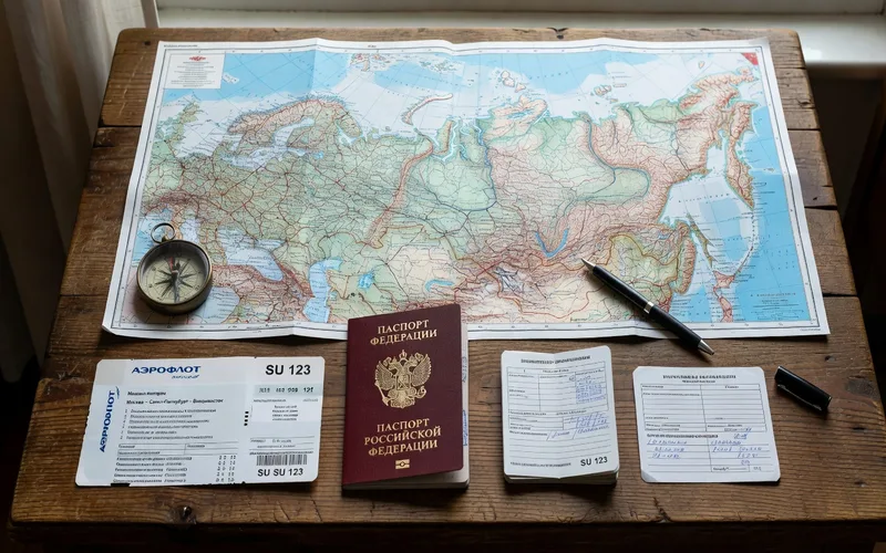 Passeport français avec un visa russe posé sur une carte de la Russie