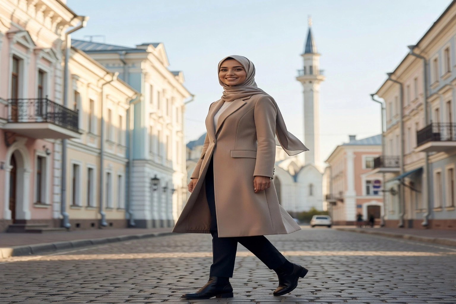 Jeune femme tatare musulmane russe souriante marchant dans une rue de Kazan, un minaret en arrière-plan