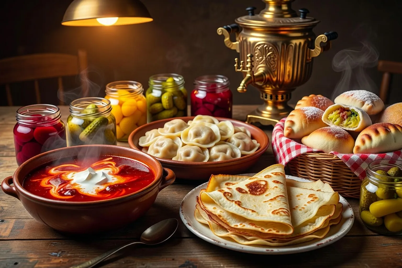 Table russe traditionnelle avec bortsch, pelmeni, blinis et pirozhki