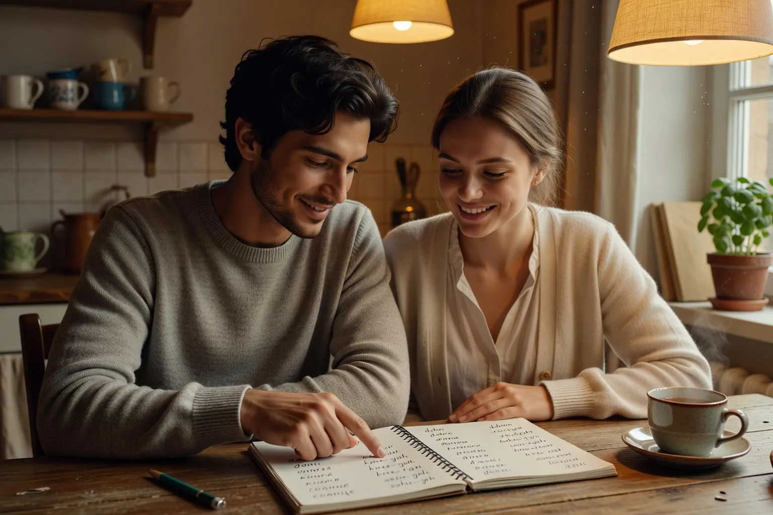 Cartes de vocabulaire russe sur une table avec cahier et stylo, couple en arrière-plan