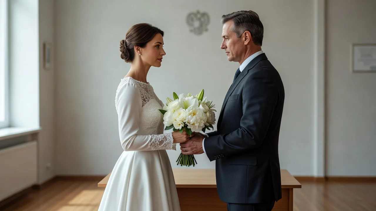 Couple franco-russe échangeant ses consentements lors d'un mariage civil au ZAGS en Russie
