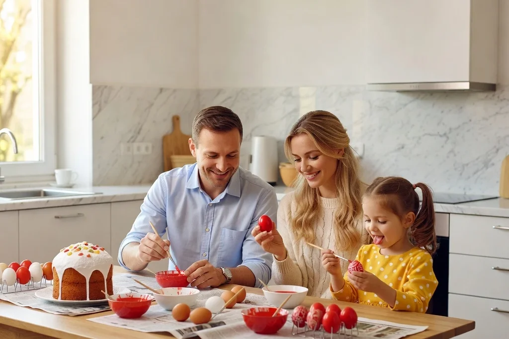 Famille franco-russe décorant ensemble des œufs de Pâques teints en rouge autour d'un kulich