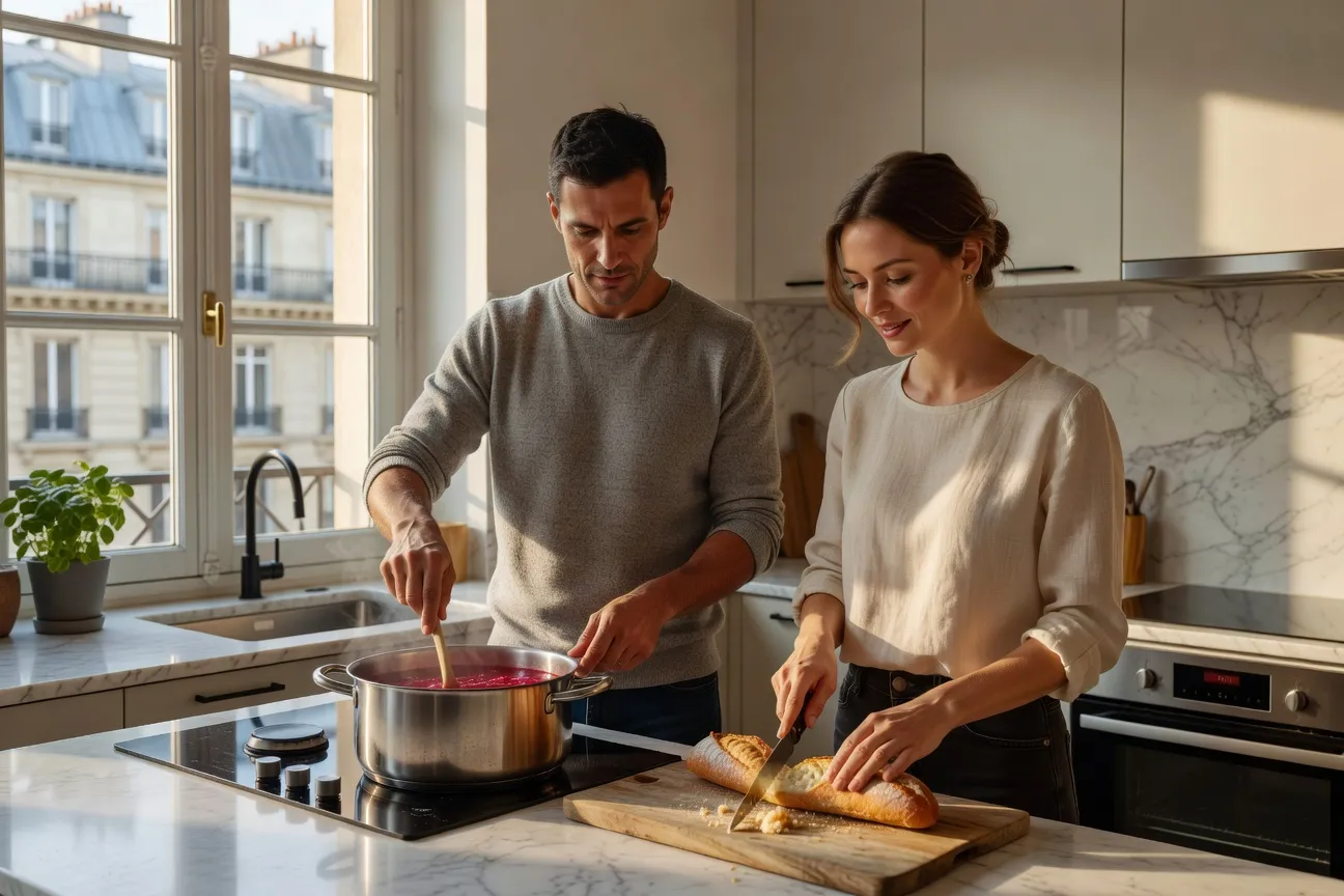 Couple franco-russe cuisinant ensemble un bortsch à Paris