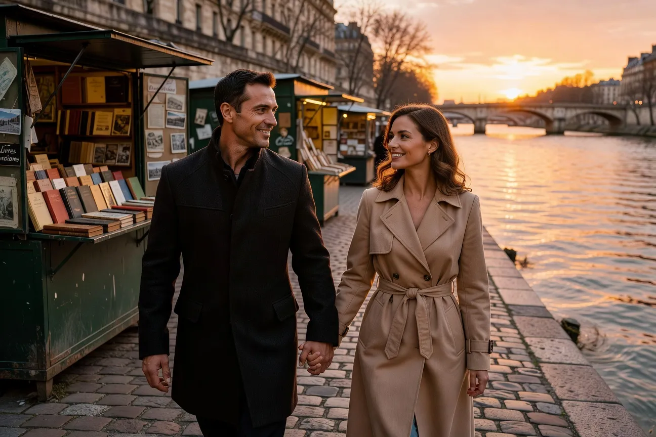 Couple franco-russe marchant au bord de la Seine au coucher du soleil