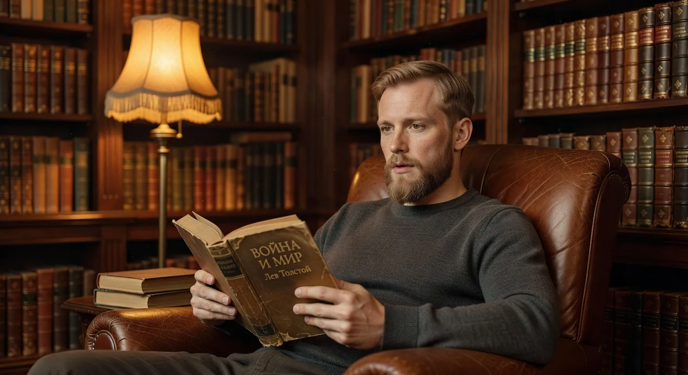 Homme russe lisant un livre classique russe dans un fauteuil en cuir d'une bibliothèque