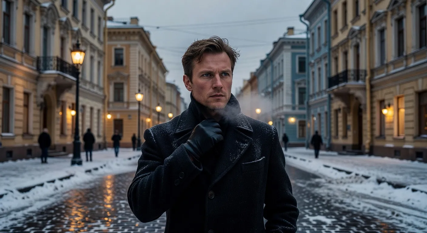 Homme russe typique en manteau de laine dans une rue de Saint-Pétersbourg en hiver