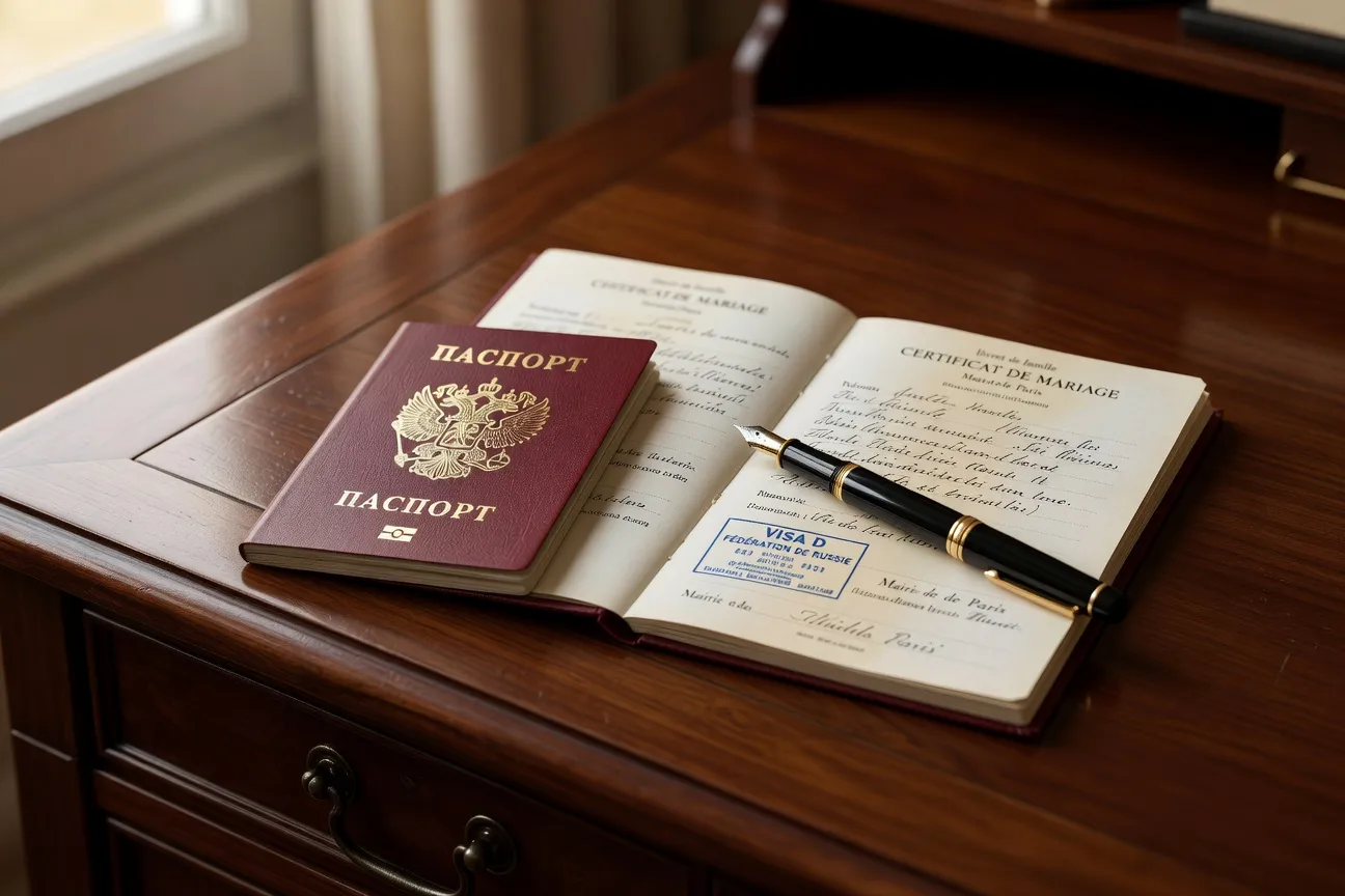 Documents officiels de mariage franco-russe : passeport russe, certificat, apostille