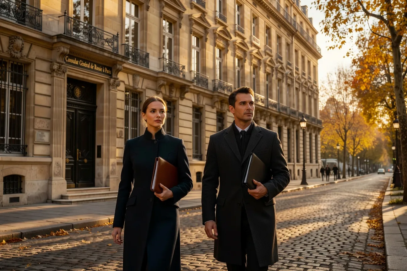 Couple franco-russe devant le consulat de Russie à Paris