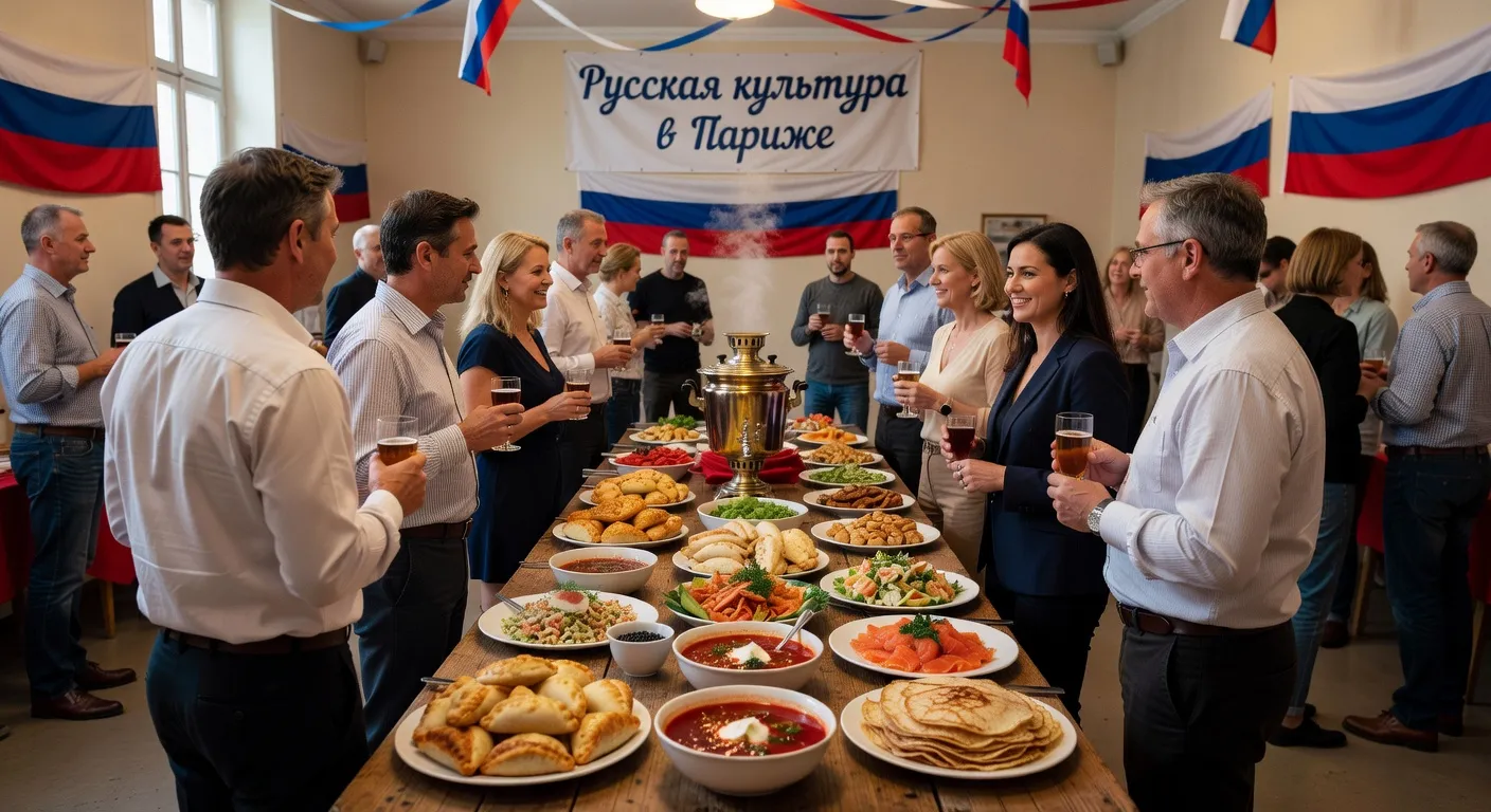 Événement culturel russophone à Paris, personnes conversant autour d'un buffet